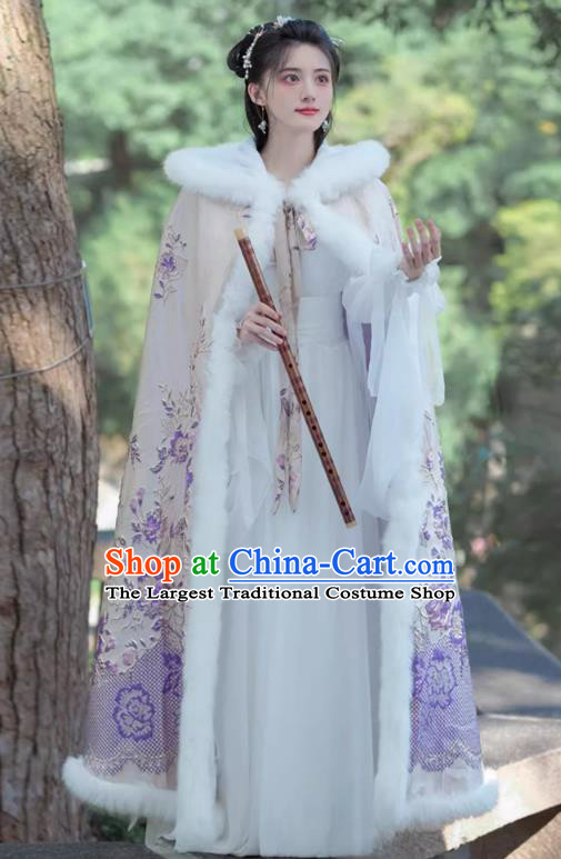 China Ancient Fairy Princess Clothing Ming Dynasty Young Lady Costume Traditional Hanfu Purple Embroidered Cloak