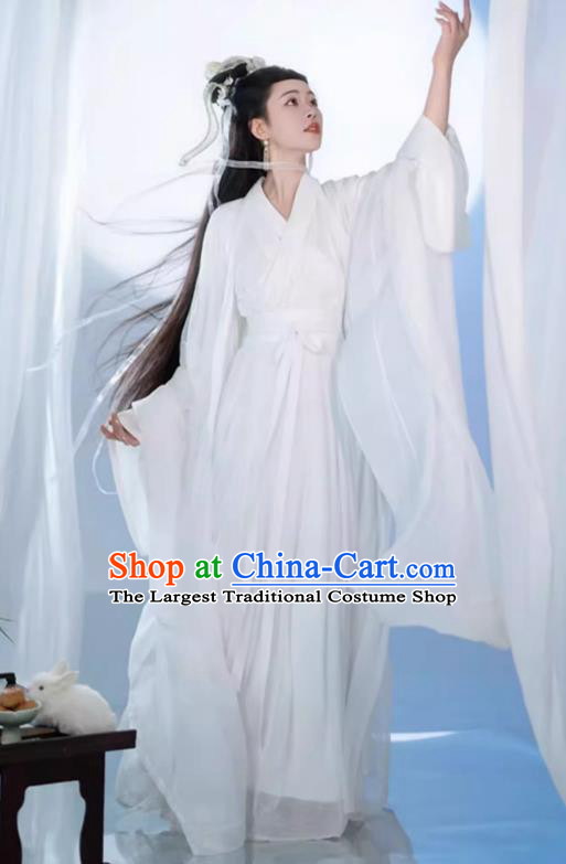 China Ancient Goddess Chang E Clothing Song Dynasty Swordswoman Costume Traditional Hanfu White Fairy Dress