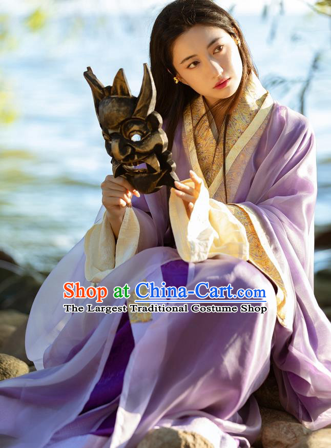 China Jin Dynasty Court Princess Costumes Traditional Hanfu Purple Straight Front Robe Ancient Palace Woman Clothing