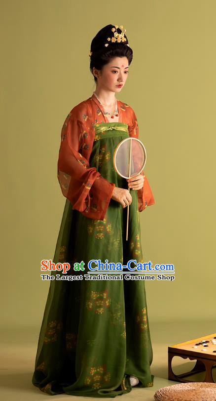 China Ancient Palace Woman Clothing Tang Dynasty Court Princess Costumes Traditional Hanfu Red Blouse and Green Bustier Dress