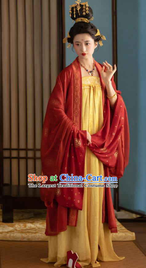 China Traditional Hanfu Red Wide Sleeve Cape and Yellow Dress Late Tang Dynasty Empress Costumes Ancient Noble Woman Clothing