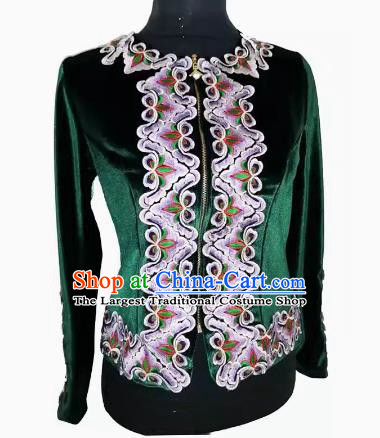 Dark green Chinese Xinjiang dance gold velvet inlaid flower top women performance costume