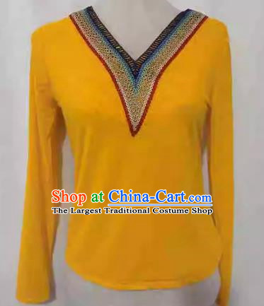 Yellow China Xinjiang Dance Costume Elastic Mesh T-shirt Bottoming Shirt Long Sleeve Slim Fit