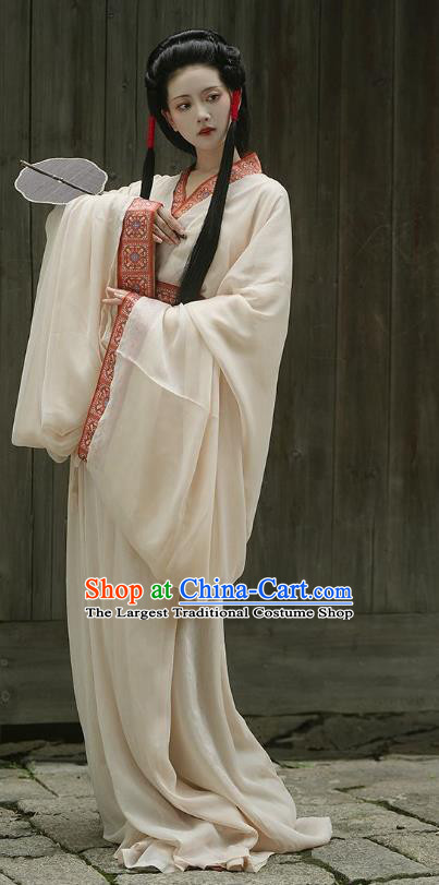 Chinese Warring States Period Woman Clothing Traditional Hanfu Straight Front Robe Ancient Empress White Dress