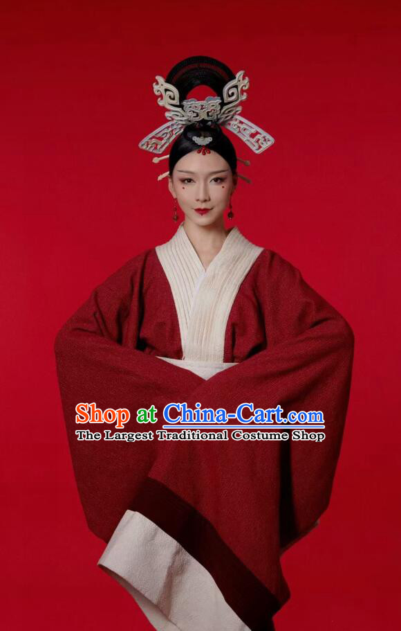 Chinese Classical Dance Red Dress Qin Dynasty Curving Front Robe Ancient Beauty Dance Costumes and Headpieces Complete Set