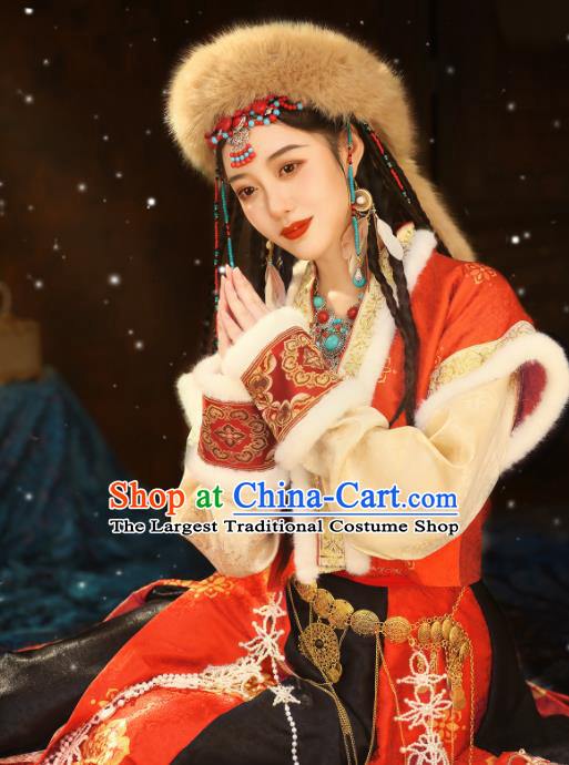 Chinese Traditional Winter Red Dresses Tang Dynasty Young Lady Garment Costumes Ancient Ethnic Princess Clothing