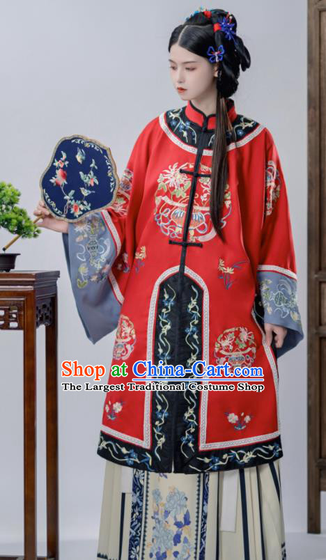 Chinese Ancient Noble Woman Costumes Traditional Clothing Ming Dynasty Young Lady Red Blouse and Beige Skirt Complete Set