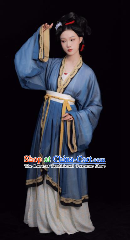 Chinese Song Dynasty Noble Woman Clothing Ancient Young Mistress Blue Dresses Traditional Hanfu Garment Costumes