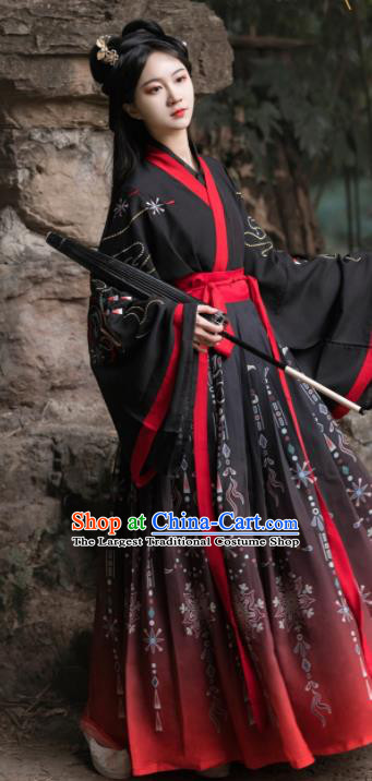 Chinese Traditional Hanfu Garments Jin Dynasty Swordswoman Costumes Ancient Young Lady Black Dresses