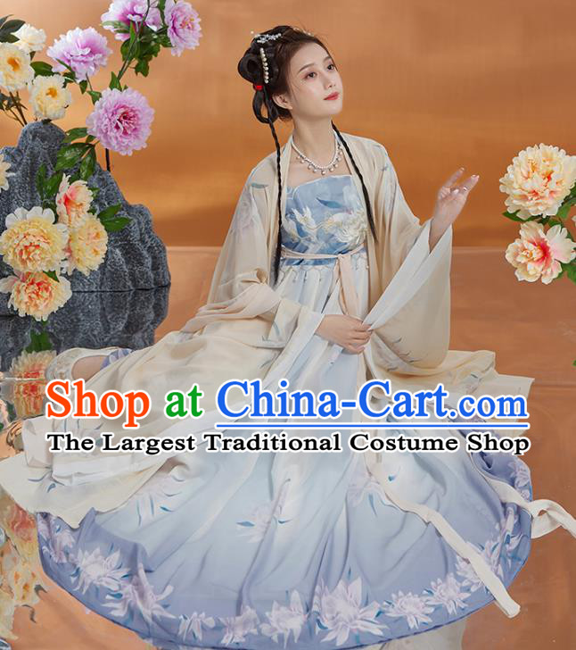 Chinese Tang Dynasty Princess Clothing Ancient Palace Beauty Garment Costumes Traditional Beige Cape and Blue Hezi Dress Complete Set