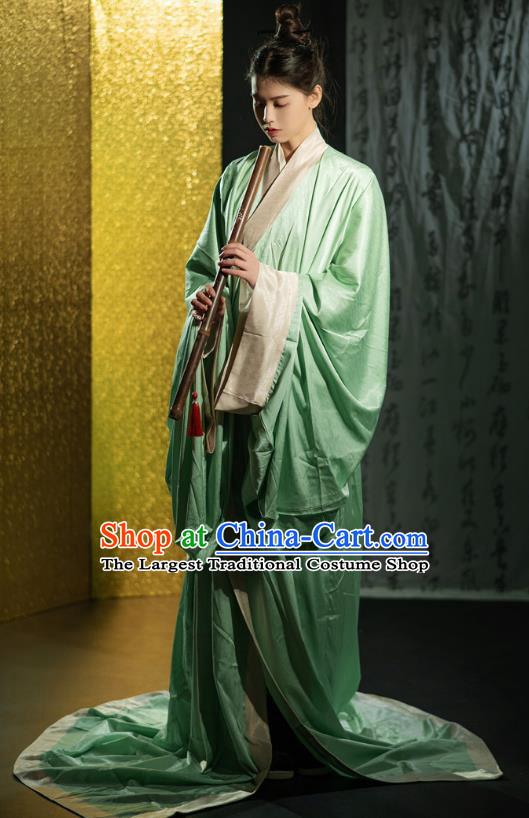 Chinese Traditional Han Fu Green Straight Front Robe Qin Dynasty Childe Clothing Ancient Handsome Scholar Costume