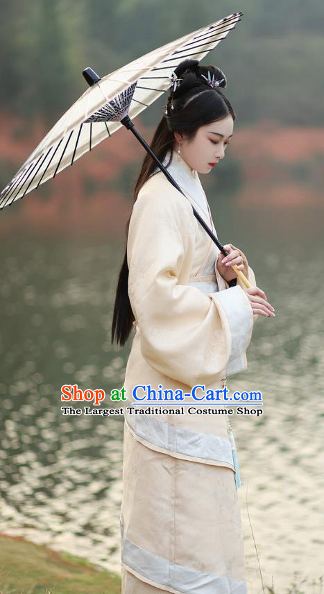 Chinese Ancient Noble Woman Costume Traditional Han Fu Beige Curving Front Robe Han Dynasty Young Lady Clothing