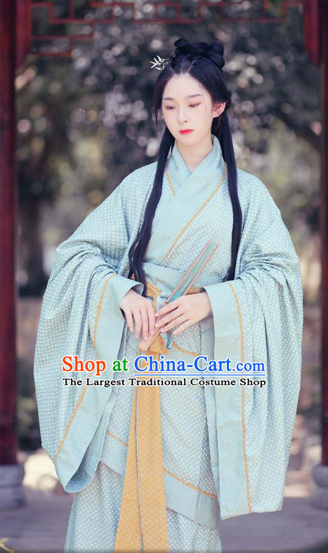 Chinese Traditional Han Fu Curving Front Robe Han Dynasty Princess Garment Costume Ancient Young Woman Green Dress