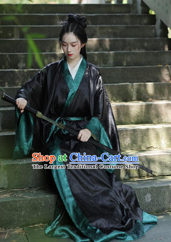 Chinese Warring States Period Female Swordsman Garment Costume Ancient Heroine Black Dress Traditional Han Fu Straight Front Robe