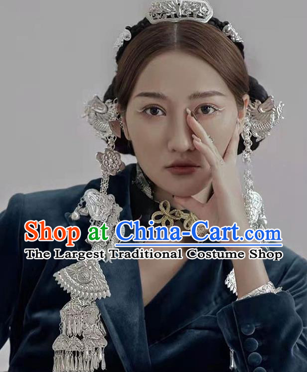 Chinese Stage Performance Hair Jewelries Handmade Silvery Headdress Miao Ethnic Woman Headpieces