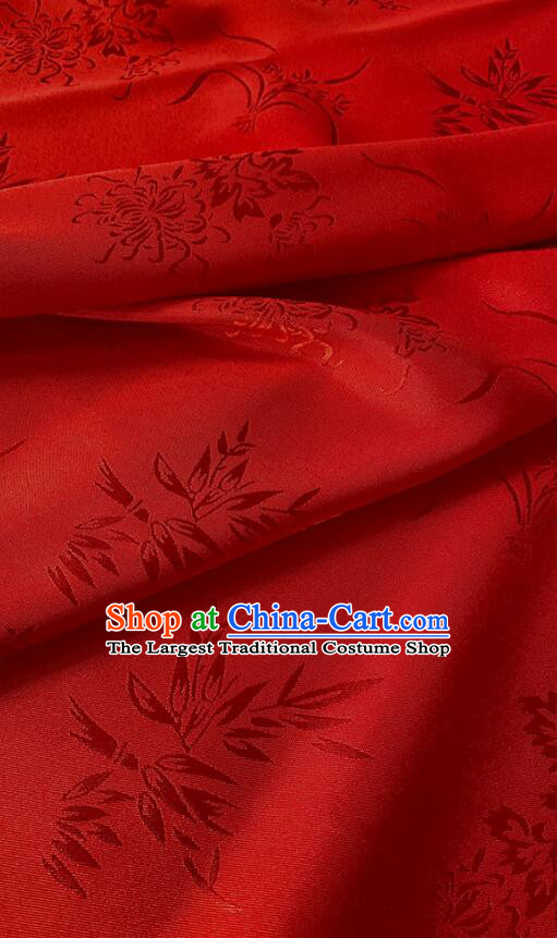 Chinese Classical Plum Bamboo Patterns Design Red Satin Silk Traditional Jacquard Fabric