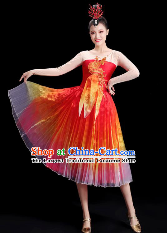 China Women Group Stage Show Red Short Dress Modern Dance Costume Embroidered Phoenix Fashion Opening Dance Clothing