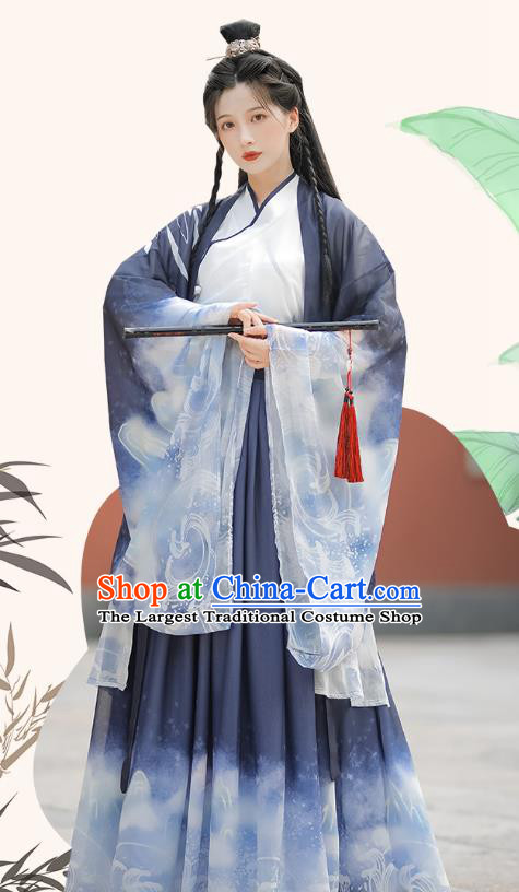 China Ancient Swordsman Costumes Ming Dynasty Young Male Dark Blue Dresses Traditional Stage Show Hanfu Fashion