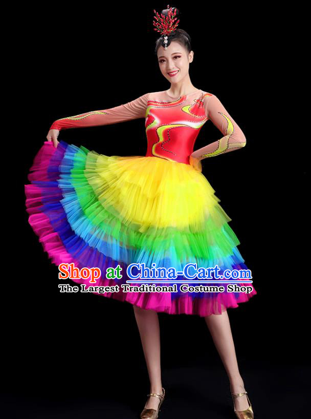 China Group Stage Show Rainbow Short Dress National Game Opening Dance Costume Modern Dance Clothing