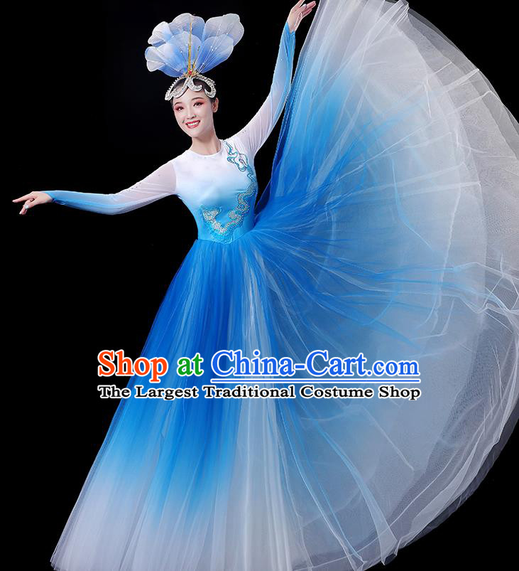 China Women Group Flower Performance Clothing Stage Show Fashion Modern Dance Costumes Opening Dance Blue Dress