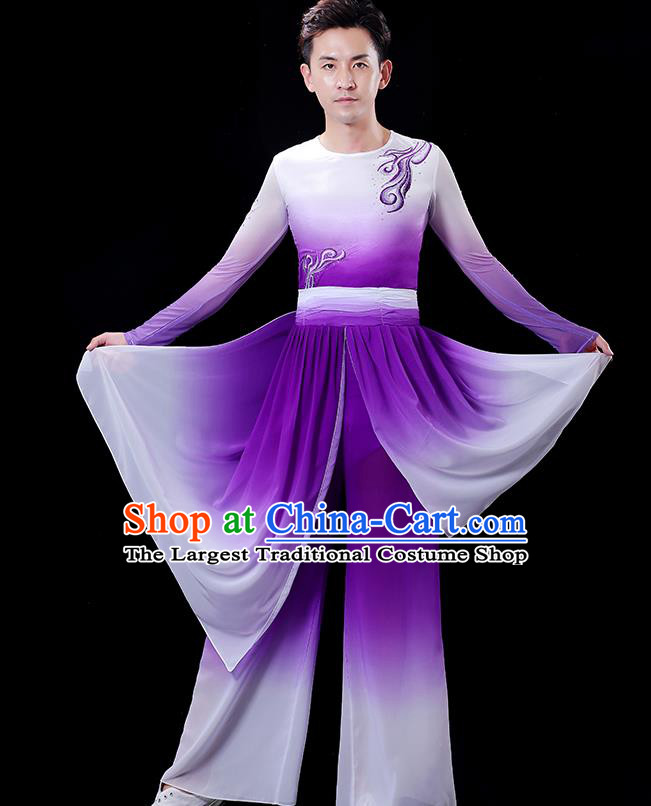 Top Male Group Fan Dance Clothing Stage Show Fashion Drum Dance Costume Folk Dance White and Purple Outfit