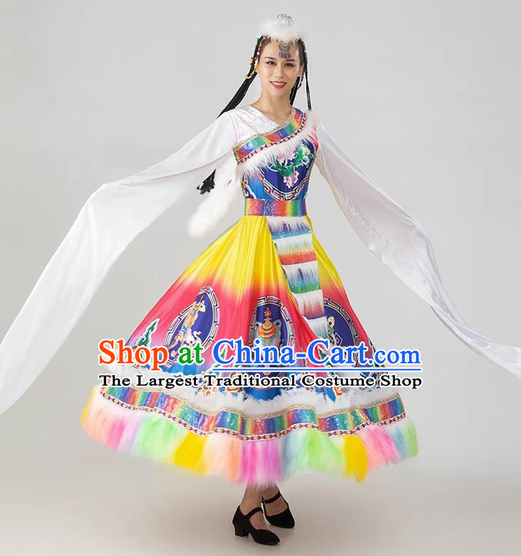 China Tibetan Ethnic Dancing Dress Women Group Show Costume Zang Nationality Water Sleeve Clothing