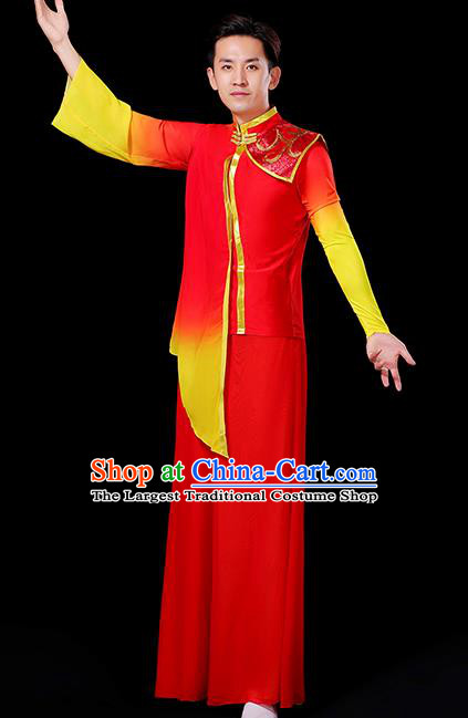 China Classical Dance Clothing Male Yangko Dance Red Outfit Group Stage Show Costume Fan Dance Fashion