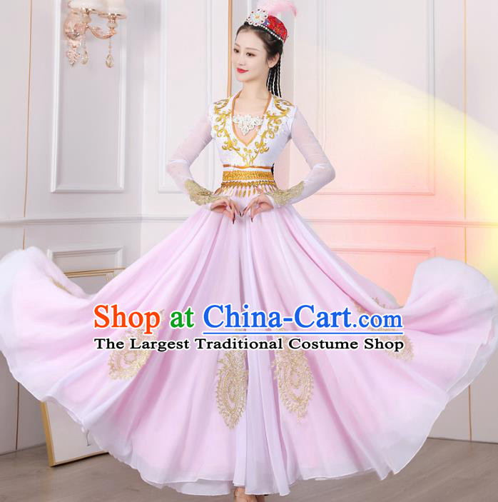 Chinese Xinjiang Dance Pink Dress Women Group Dance Clothing Uyghur Nationality Dance Costume Ethnic Fashion