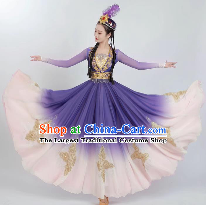 China Ethnic Fashion Xinjiang Dance Purple Dress Women Group Dance Clothing Uyghur Nationality Dance Costume