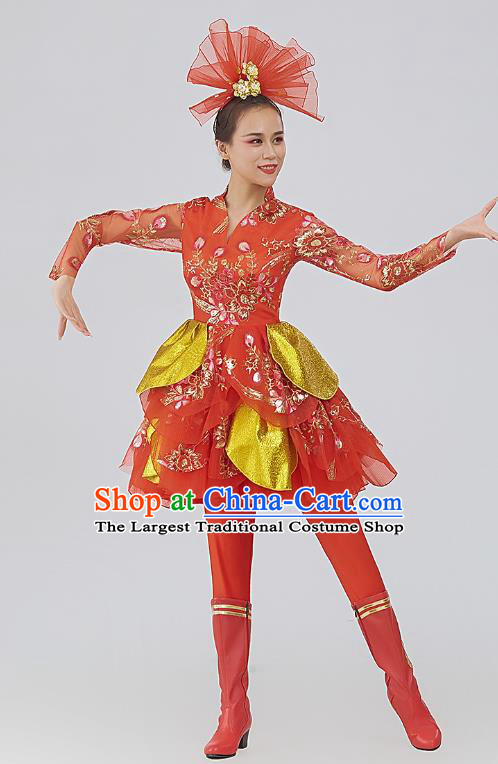 China Drum Dance Fashion Modern Dance Red Dress Women Group Yangko Dance Clothing Lantern Dance Costume