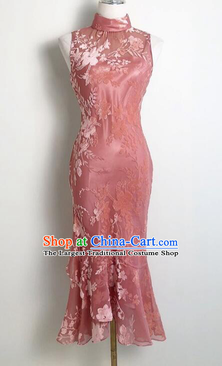 China Compere Qipao Classical Cheongsam Clothing Elegant Pink Dress