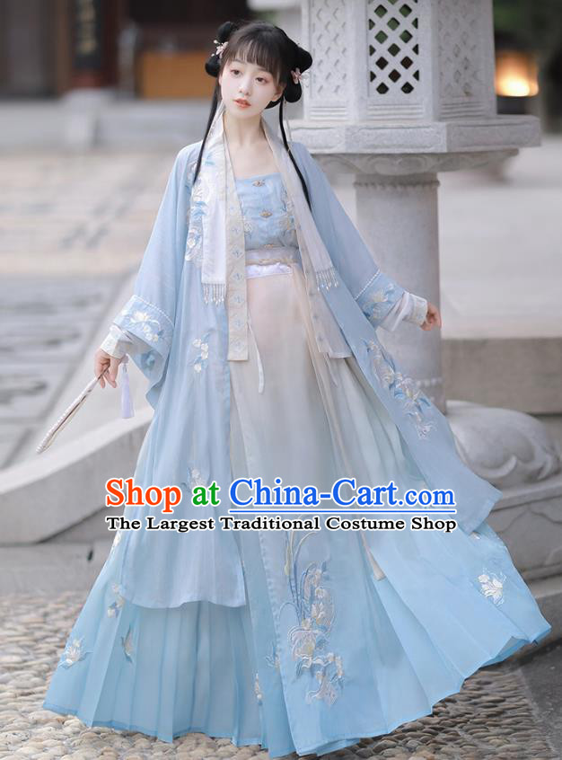 China Ancient Young Woman Garment Costumes Hanfu Blue Ruqun Clothing Song Dynasty Royal Princess Embroidered Dresses