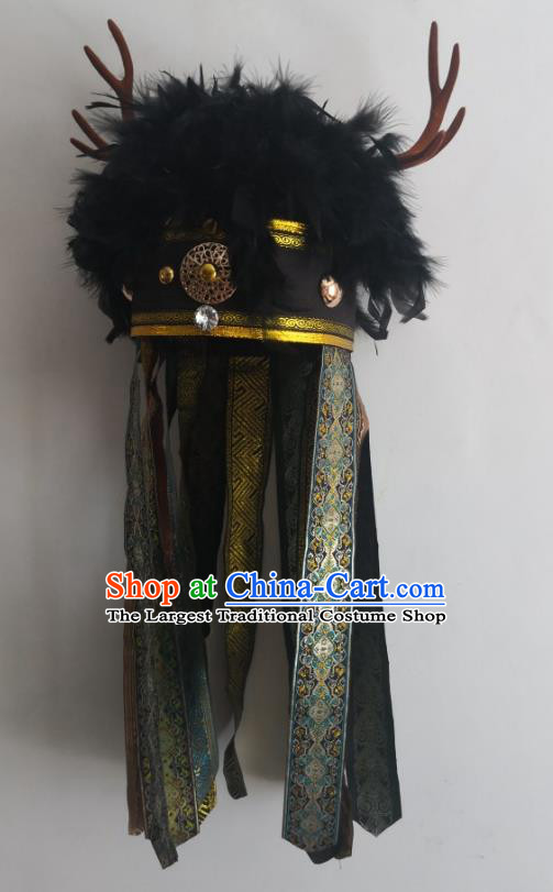 Chinese Celebration Activities God Headdress Folk Dance Black Feather Hat Festival Parade Headwear