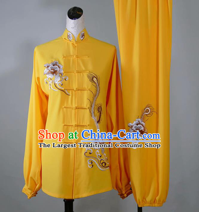 China Tai Chi Competition Yellow Uniform Martial Arts Performance Costume Taiji Tournament Embroidered Peony Clothing