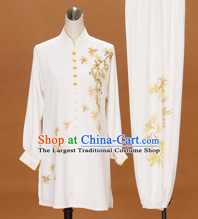 China Kung Fu Performance Costume Martial Arts Tournament Embroidered Maple Lead Clothing Tai Chi Competition White Uniform