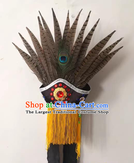 China Sacrifice Dance Headwear Drama God Hat Handmade Nuo Opera Feather Headpiece