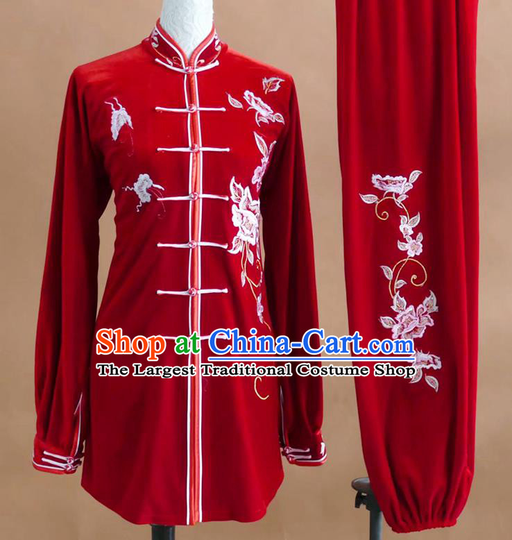 China Martial Arts Performance Costume Tai Chi Taijiquan Tournament Embroidered Clothing Kung Fu Competition Red Velvet Uniform