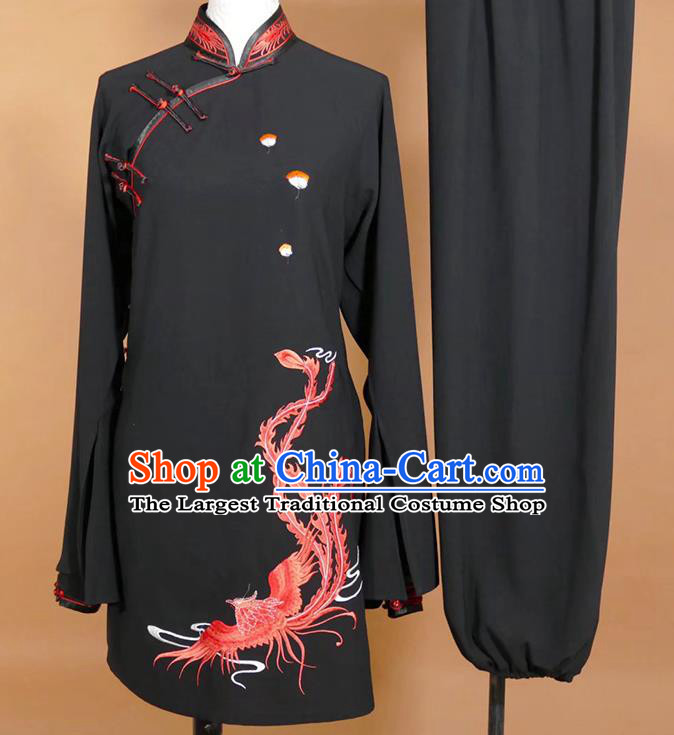 China Female Tai Chi Performance Outfit Taijiquan Training Embroidered Phoenix Clothing Kung Fu Tournament Black Uniform Martial Arts Costume