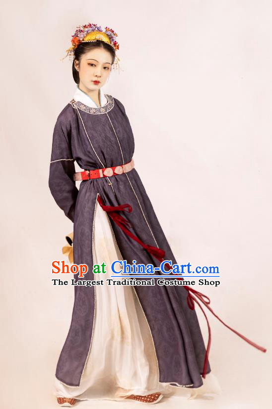 Chinese Traditional Hanfu Ancient Court Woman Garment Costumes Song Dynasty Purple Round Collar Robe Skirt Complete Set