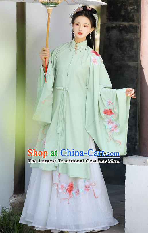 China Ancient Noble Lady Clothing Ming Dynasty Garment Costumes Traditional Hanfu Green Gown and White Skirt Complete Set