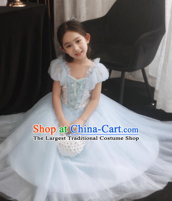 Princess Birthday Light Blue Dress Top Model Contest Fashion Children Day Performance Clothing Girl Catwalks Costume