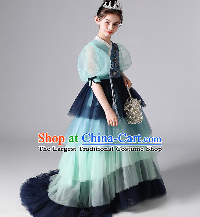 Children Day Stage Show Clothing Girl Catwalks Costume Princess Birthday Blue Full Dress Top Model Contest Fashion