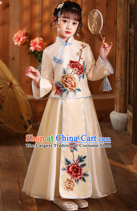 Chinese Folk Dance Fashion Kid Apricot Blouse and Skirt Children Day Performance Hanfu Clothing Girl Stage Show Costumes