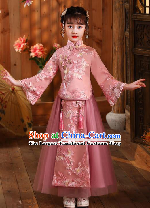 Girl Stage Show Costumes Chinese Folk Dance Fashion Kid Dark Pink Blouse and Skirt Children Day Performance Hanfu Clothing