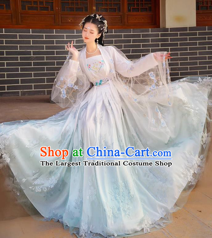 Chinese Ancient Fairy Costumes Song Dynasty Princess Clothing Traditional Embroidered Blue Hanfu Dresses