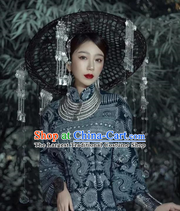 Miao Nationality Silver Hat Handmade Bucket Hat Miao Nationality Tujia Decorative Hat Phoenix Travel Photography Props Clothing