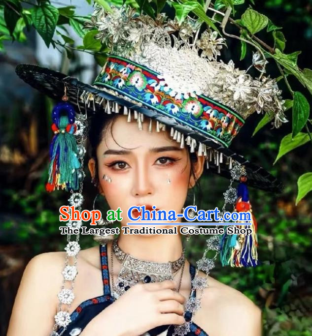 Miao Nationality Silver Hat Handmade Bucket Hat Miao Nationality Tujia Decorative Hat Phoenix Travel Photography Props Clothing