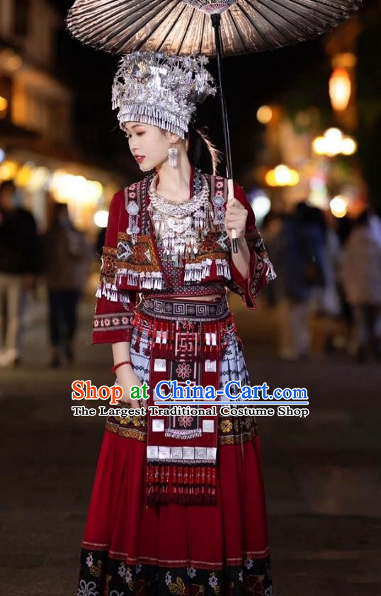 Miao Costume Accessories Set Tujia Minority Red Stage Costume