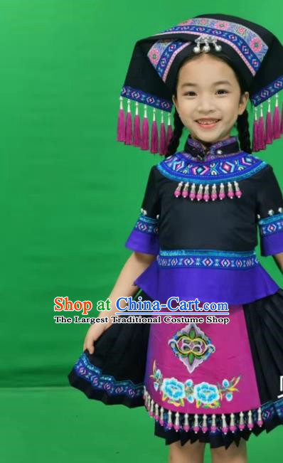 Zhuang Costume Minority Children Women Short Skirt Black Cute Stage Performance