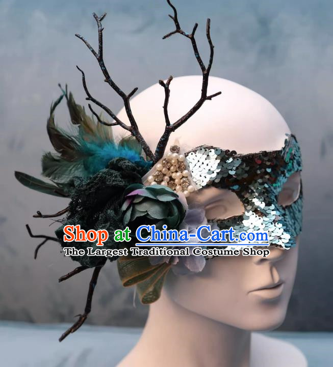 Venetian Green Flower Mask Feather Masked Singer Halloween Carnival Ball Party Mask